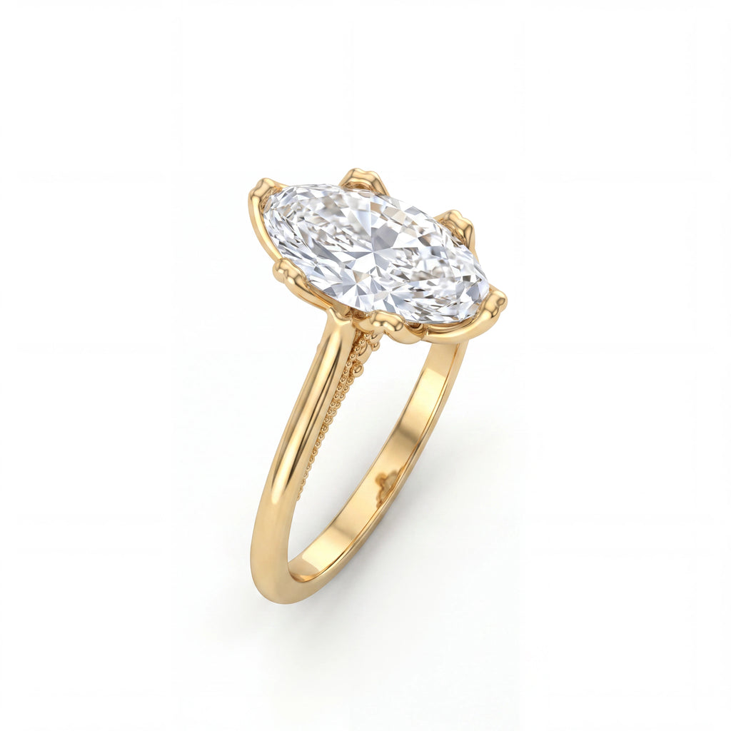 Milgrain and rope-twist detail on marquise vintage-inspired engagement ring, 14K rose gold