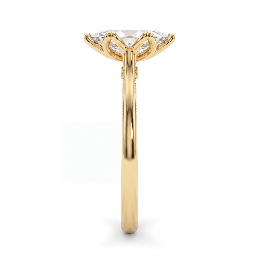 Side profile of marquise vintage-inspired Lab-Grown Diamond engagement ring, 14K yellow gold