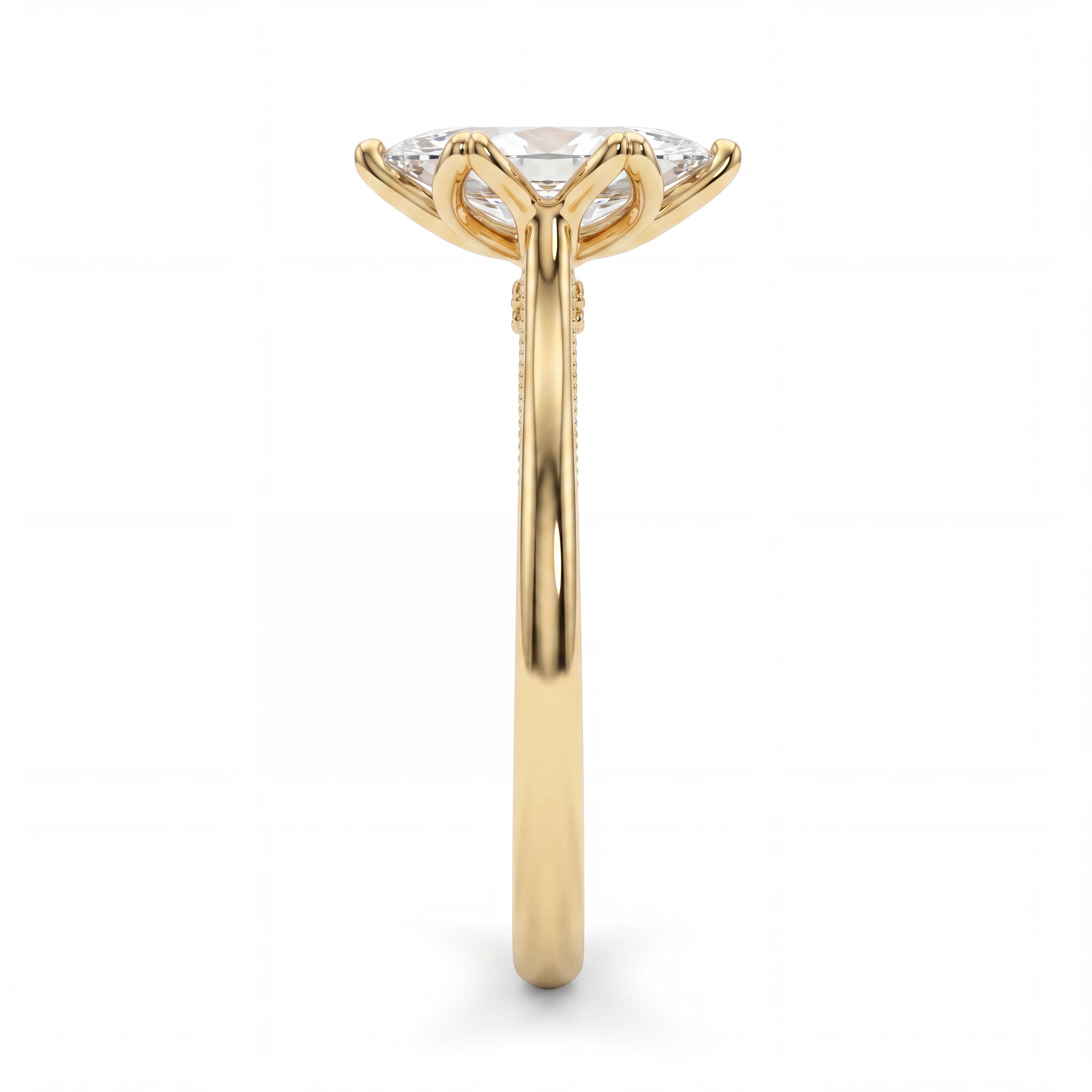 Side profile of marquise vintage-inspired Lab-Grown Diamond engagement ring, 14K yellow gold