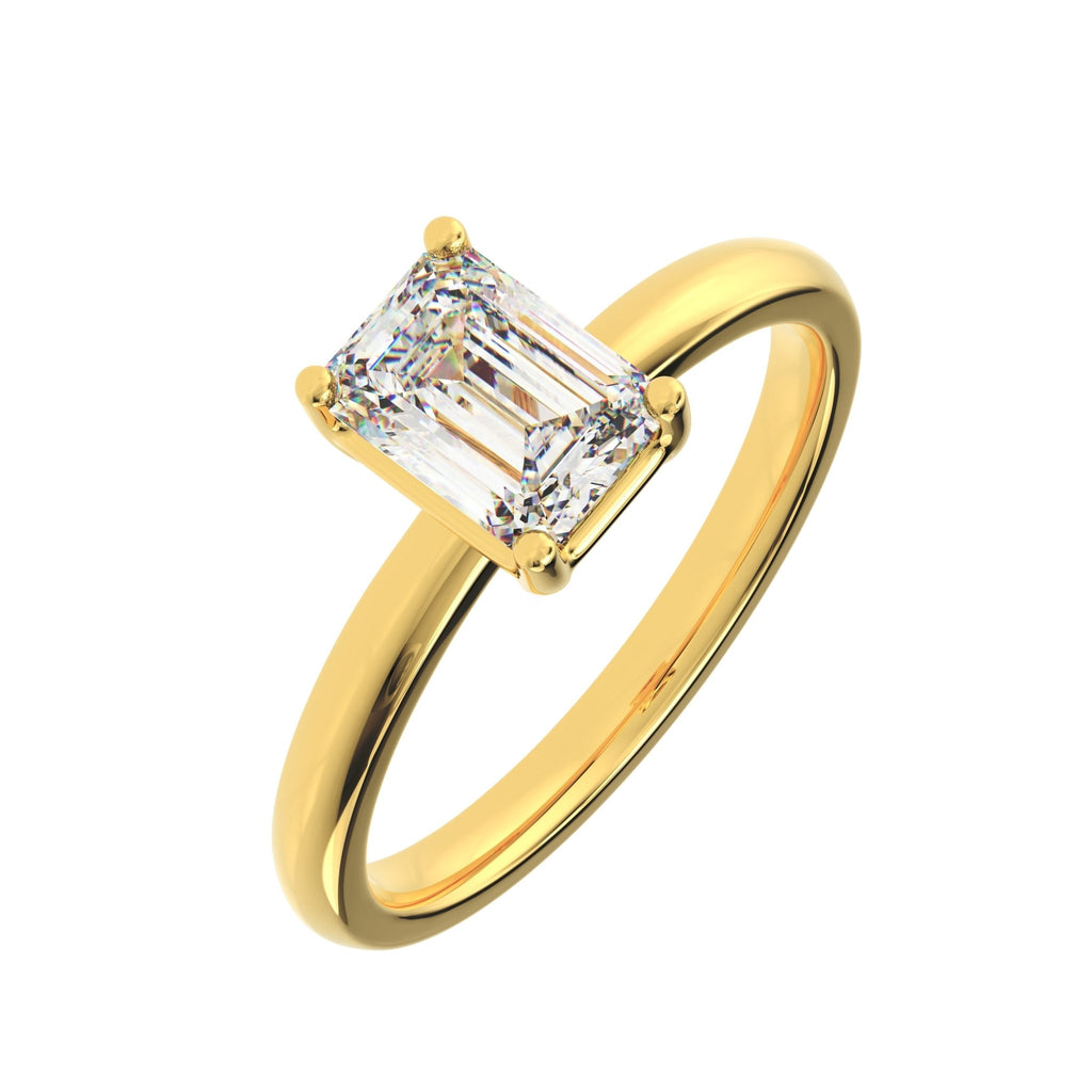angled view emerald-cut lab-grown diamond ring gold band