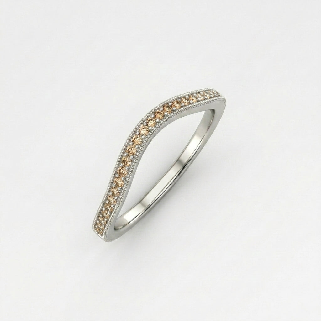 Natural Champagne Diamond curved wedding band in 14K white gold, front view — Black Pearl of Queens