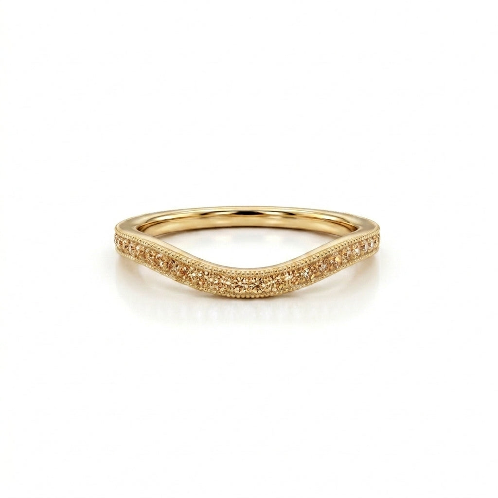 Natural Champagne Diamond curved wedding band in 14K yellow gold, front view — Black Pearl of Queens