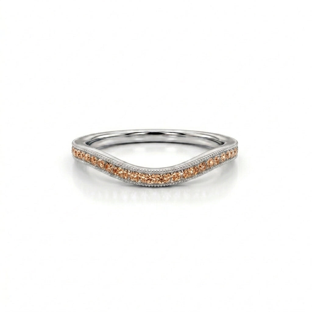 Natural Champagne Diamond curved wedding band in 14K gold, angled detail view showing the milgrain edge and pavé-set champagne diamonds — Black Pearl of Queens
