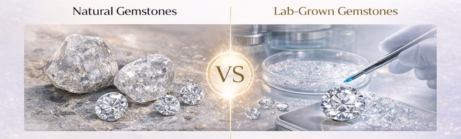 Comparison of natural gemstones and lab-grown gemstones showing differences in origin, clarity, and sustainability