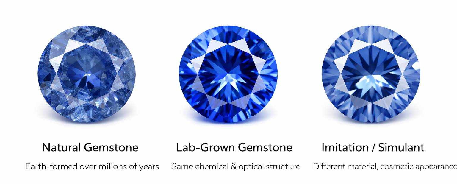 Comparison of natural, lab-grown, and imitation gemstones showing differences in origin and structure