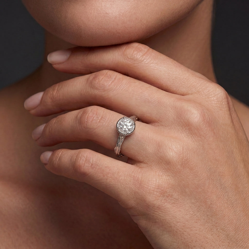 Nature-inspired Lab-Grown Diamond engagement ring, round bezel setting in 14K gold