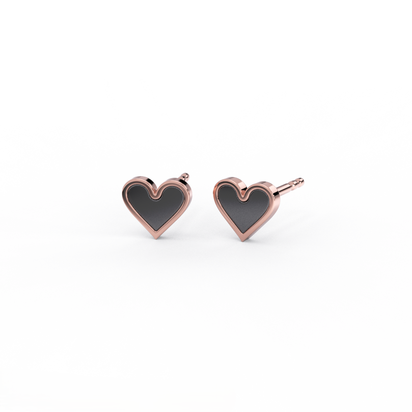 Noir Amora heart stud earrings in 14K rose gold with black enamel front view pair