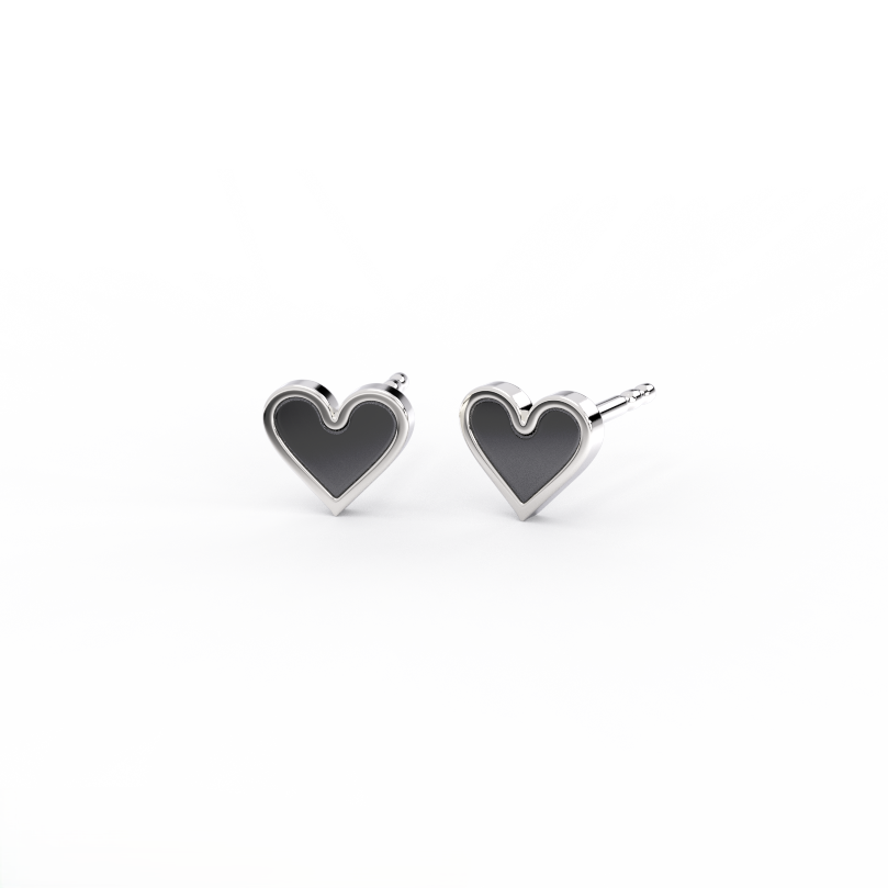 Noir Amora heart stud earrings in 14K white gold with black enamel front view pair