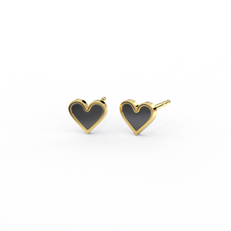 Noir Amora heart stud earrings in 14K yellow gold with black enamel front view pair