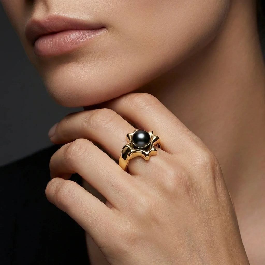 Noir Astra Black Pearl Ring in solid 14K yellow gold, black pearl statement ring worn on hand