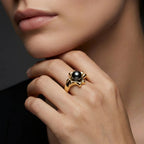 Noir Astra Black Pearl Ring in solid 14K yellow gold, black pearl statement ring worn on hand