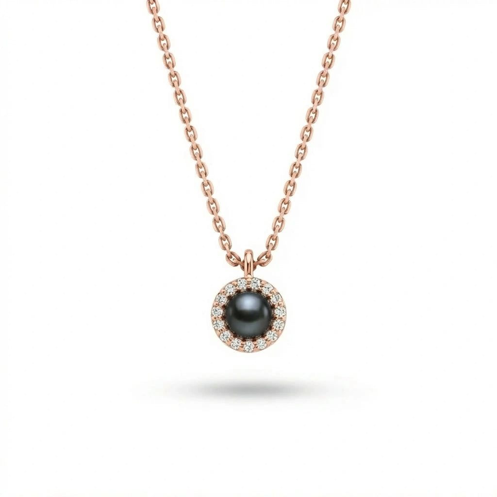 Solid 14K rose gold black pearl halo pendant with diamond halo setting and polished finish