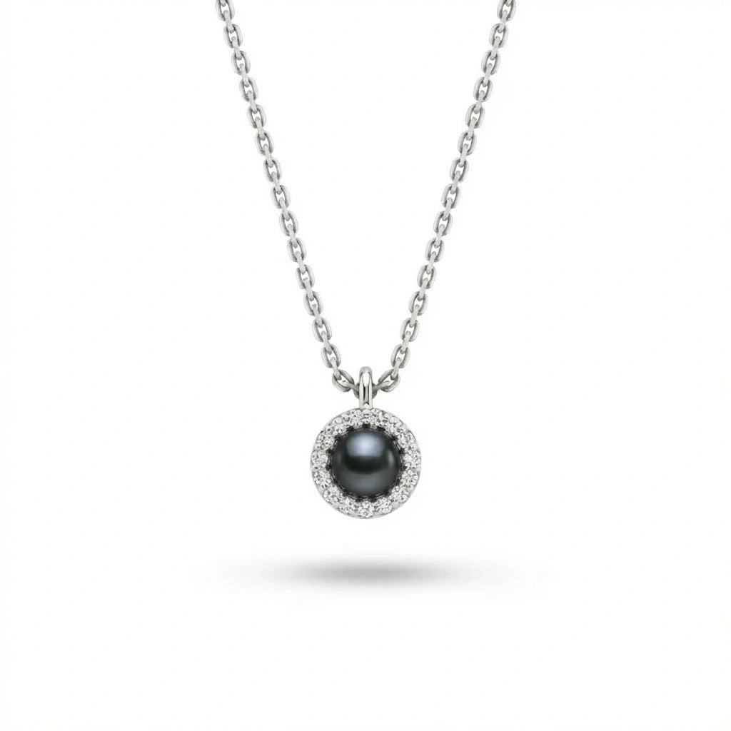Solid 14K white gold black pearl halo pendant with pavé diamond circle setting on chain