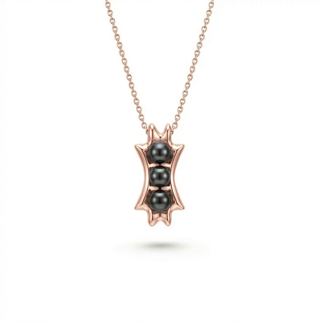 Noir Astra Trinity Black Pearl Pendant in solid 14K rose gold, triple black pearl vertical pendant design