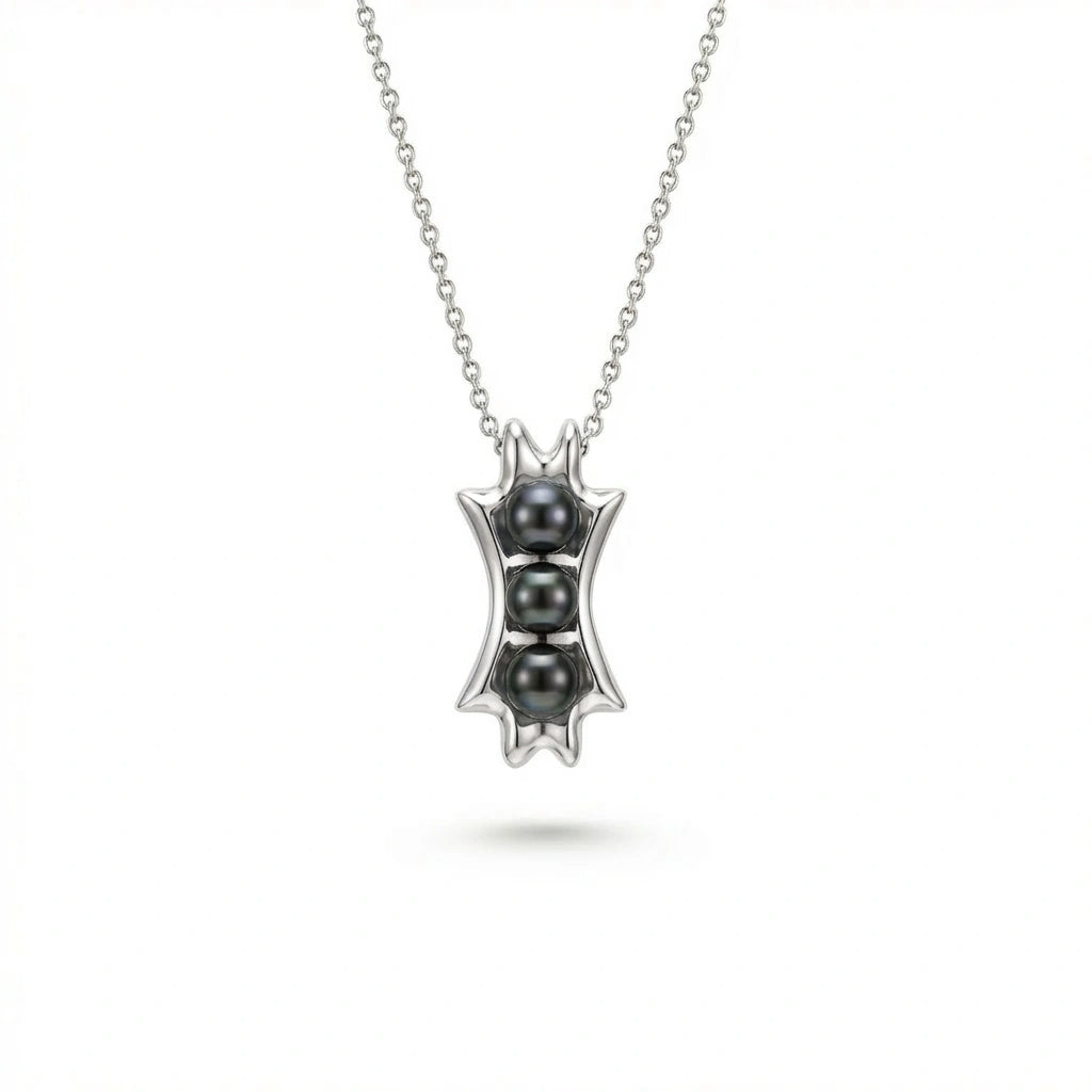 Noir Astra Trinity Black Pearl Pendant in solid 14K white gold, triple black pearl vertical pendant design