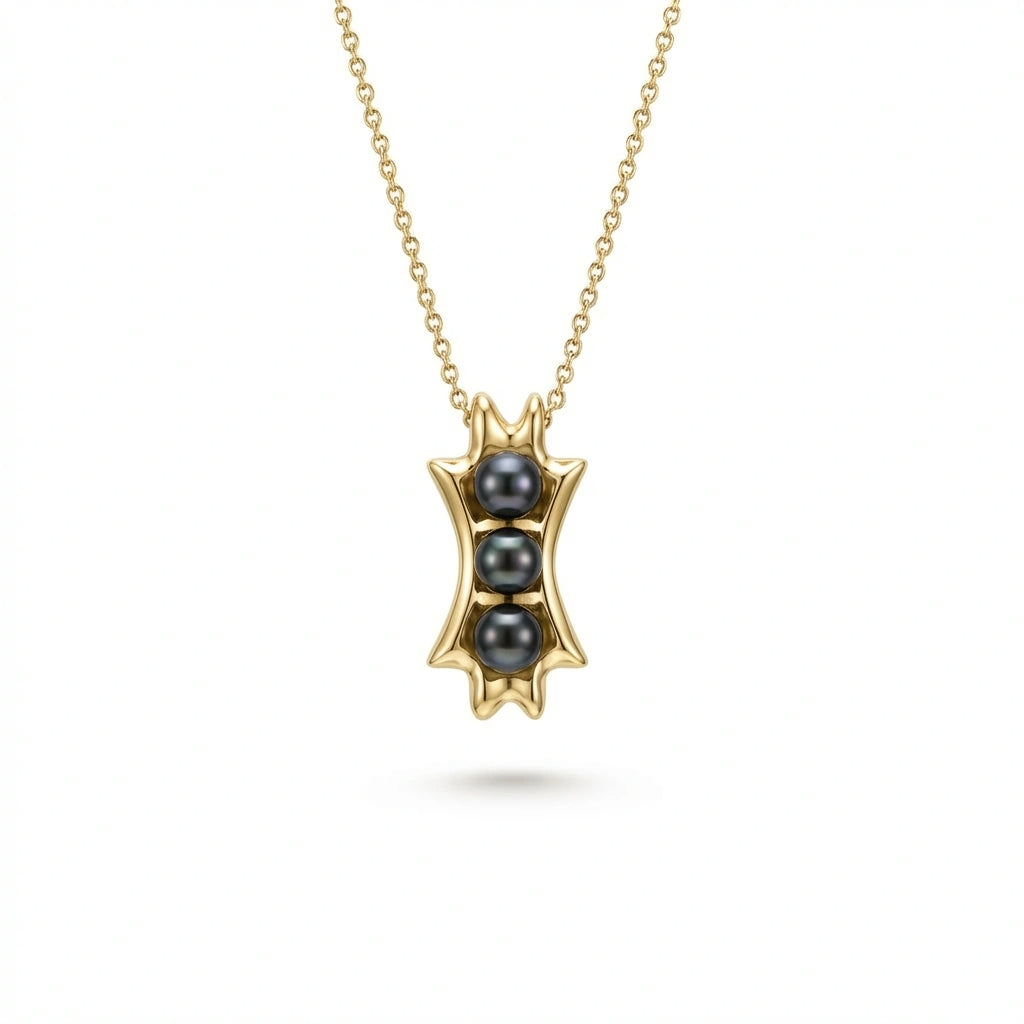 Noir Astra Trinity Black Pearl Pendant in solid 14K yellow gold, triple black pearl vertical pendant design