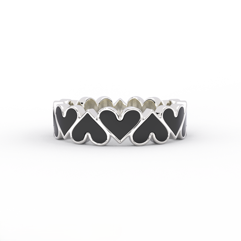 14K white gold eternity band with black enamel heart pattern