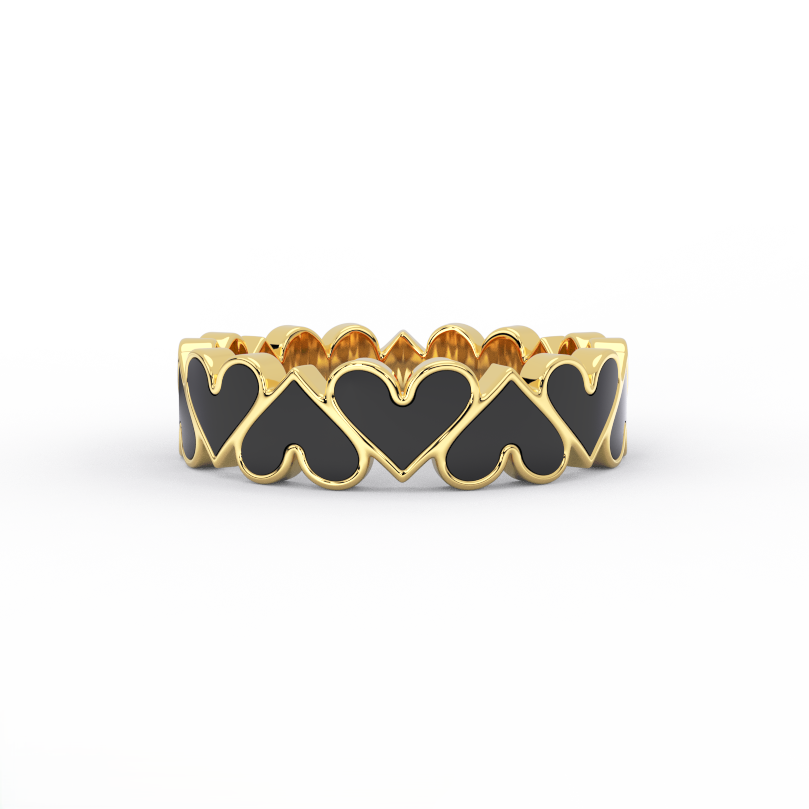14K yellow gold eternity ring featuring black enamel hearts
