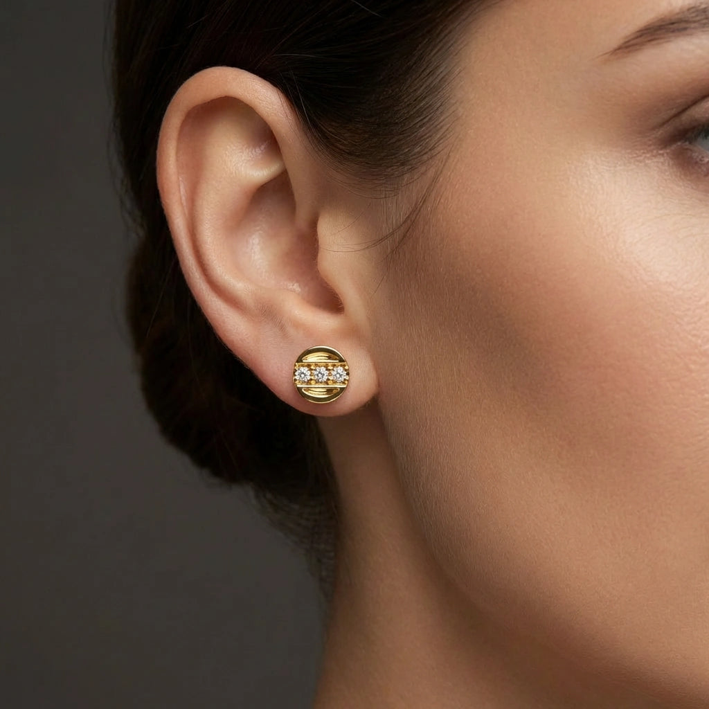 Nova bar diamond stud earrings worn on ear showing round brilliant diamonds in a horizontal bar setting, everyday minimalist luxury style