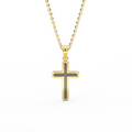 14K yellow gold Obsidian cross necklace with dark center inlay on white background