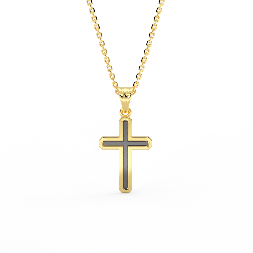 14K yellow gold Obsidian cross necklace with dark center inlay on white background