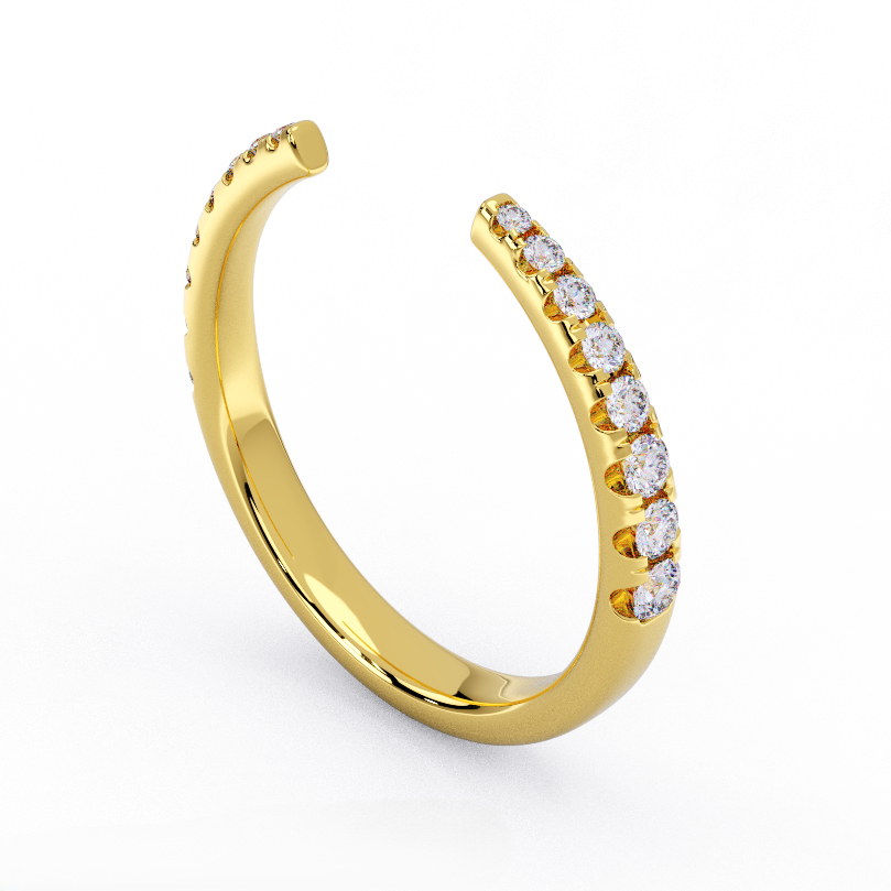 14K yellow gold open cuff ring with pave set round diamonds