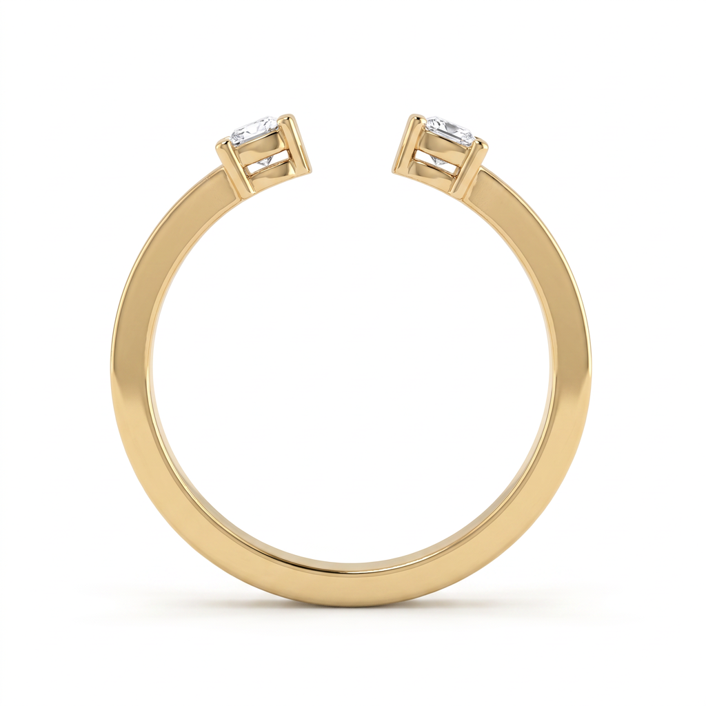 Open toi et moi band viewed through the finger opening, two round Lab-Grown Diamonds in 14K yellow gold