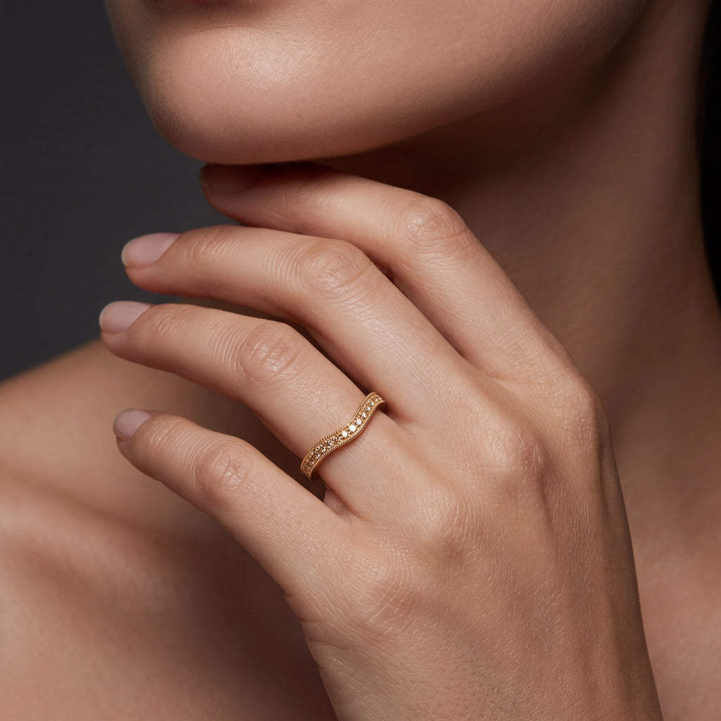 Natural Champagne Diamond curved wedding band styled in four lifestyle settings — Black Pearl of Queens