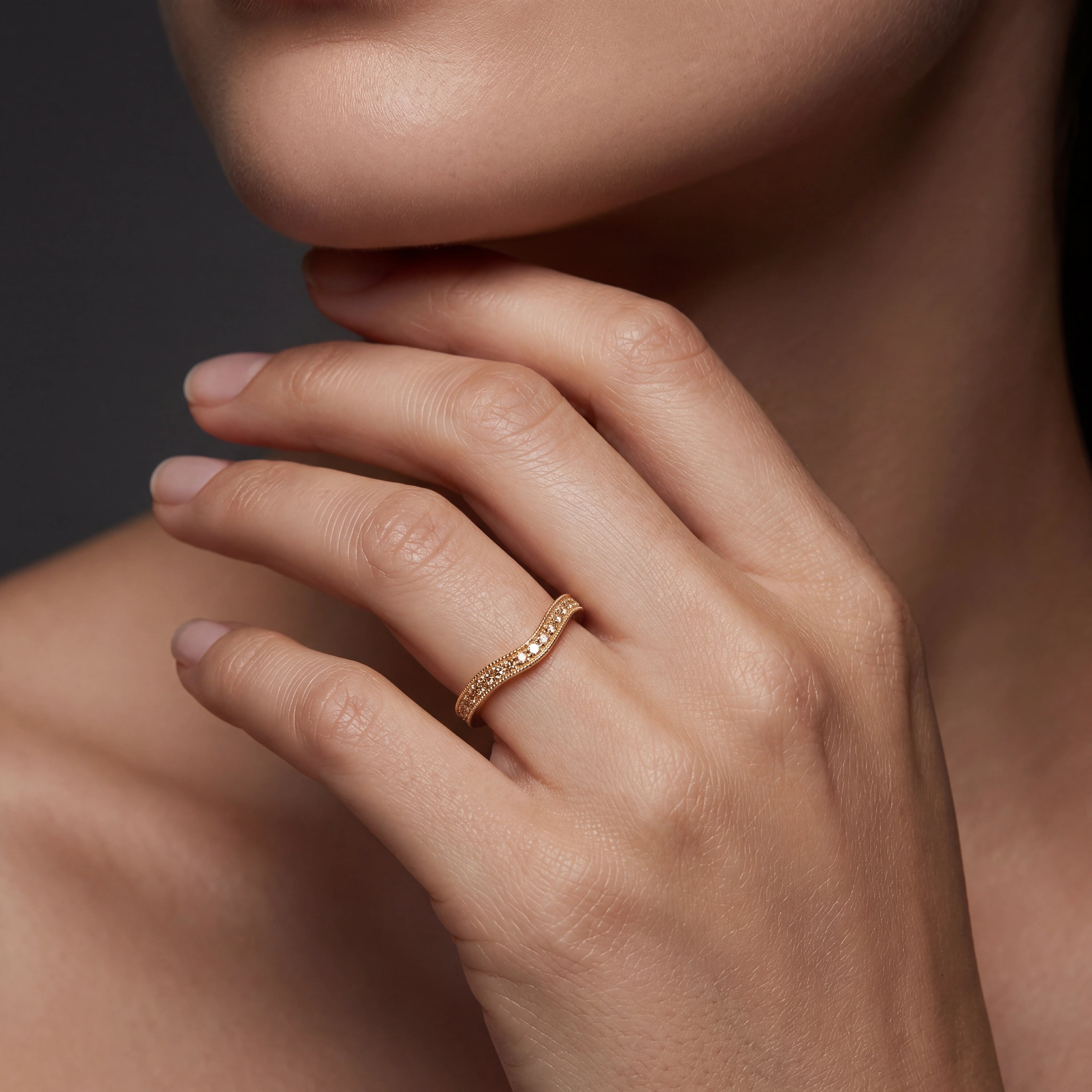 Natural Champagne Diamond curved wedding band styled in four lifestyle settings — Black Pearl of Queens