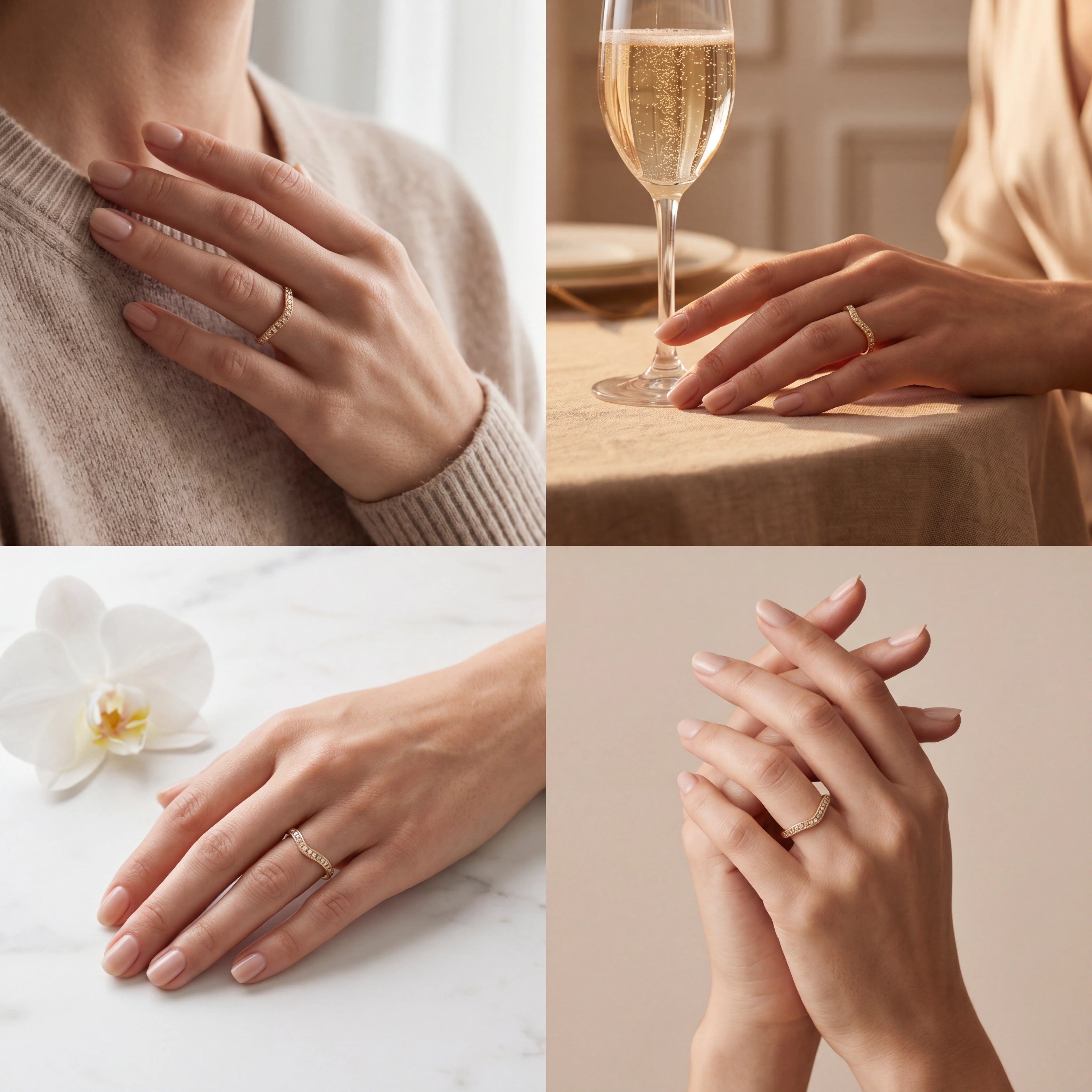 Model wearing the Natural Champagne Diamond curved wedding band in 14K gold, hand to chin