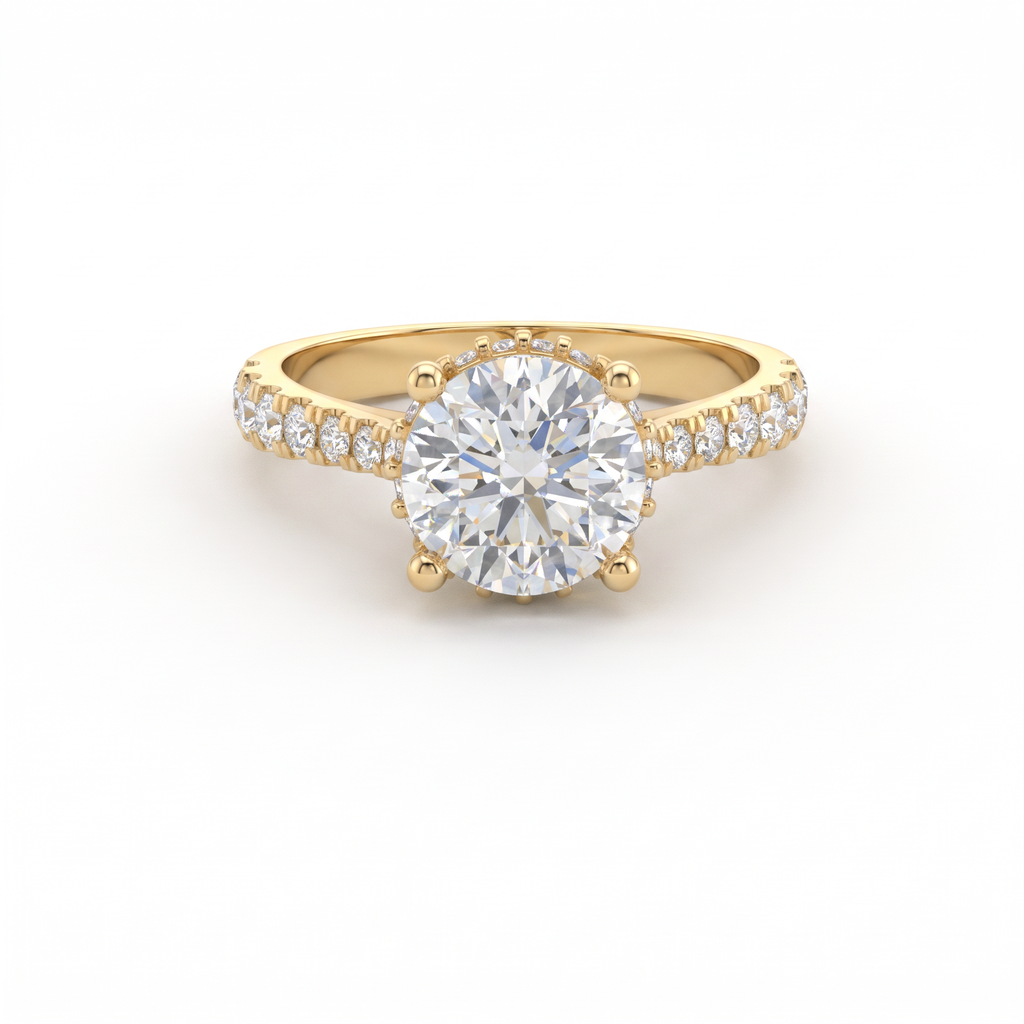 1.5ct Round Hidden Halo Pavé Band Engagement Ring – 14K Gold