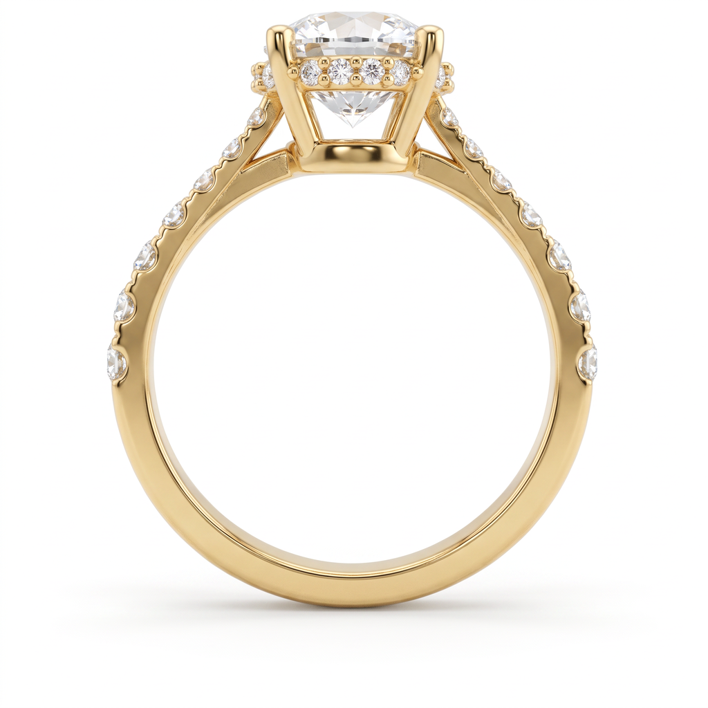 1.5ct Round Hidden Halo Pavé Band Engagement Ring – 14K Gold
