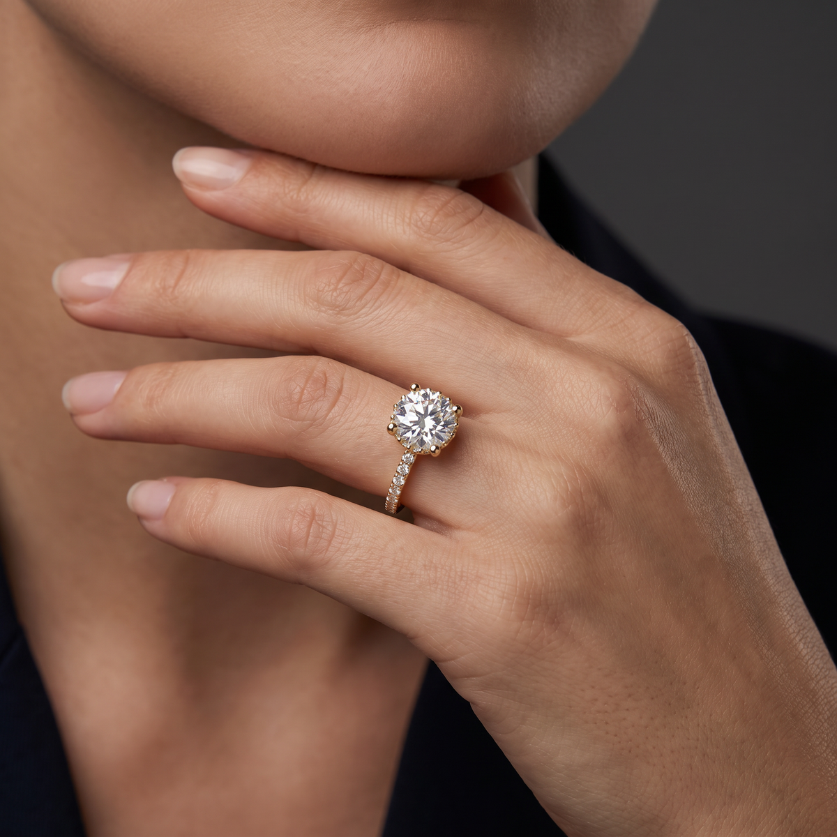 1.5ct Round Hidden Halo Pavé Band Engagement Ring – 14K Gold