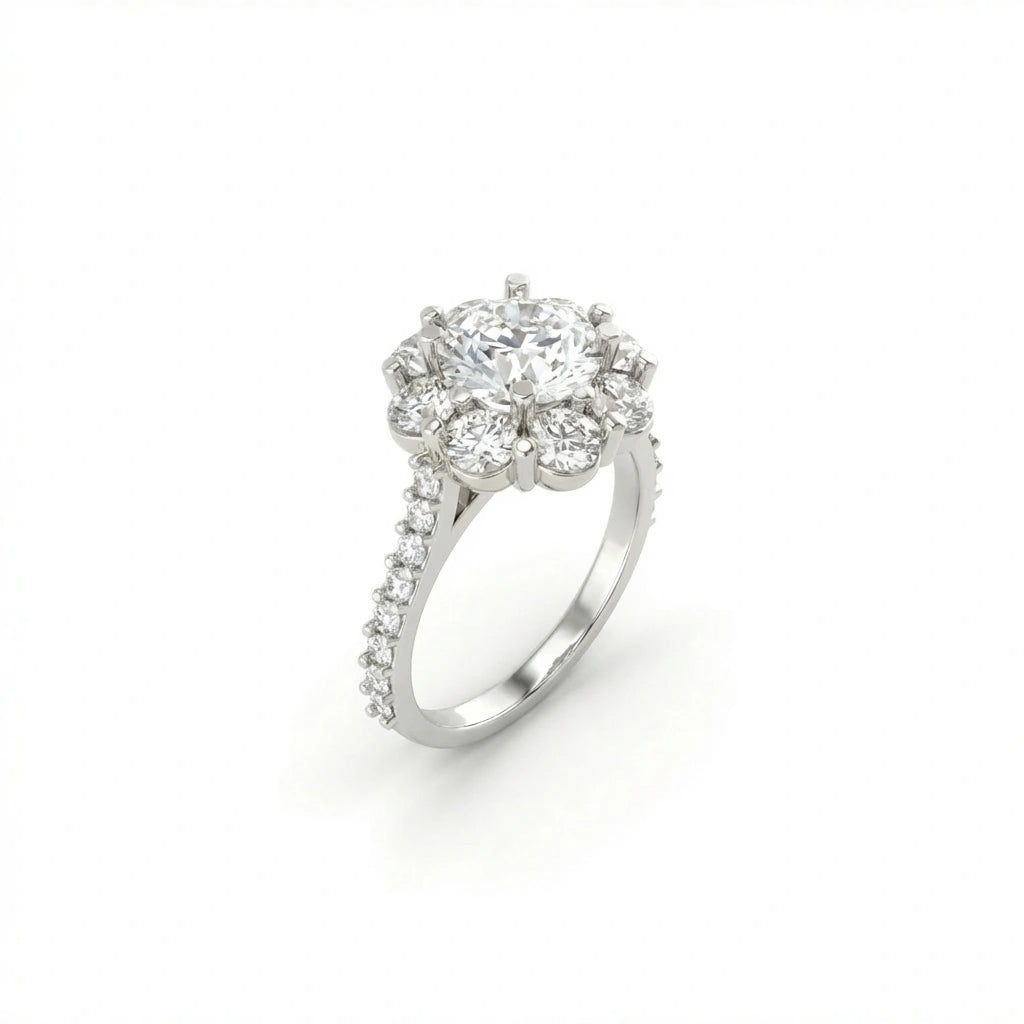 Round Diamond Halo Engagement Ring with Pavé Band