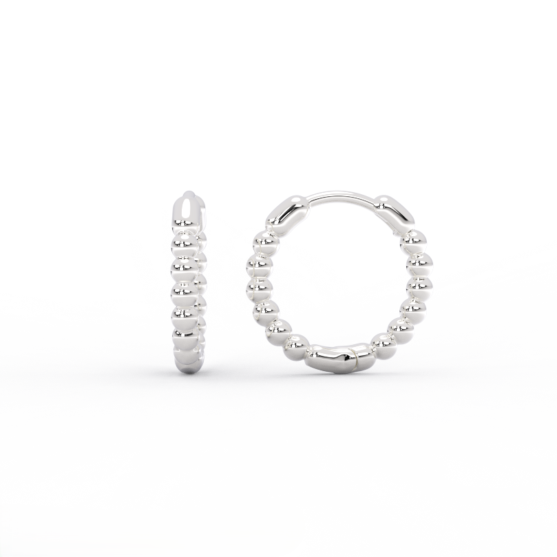 Orba Beaded Huggie Earrings in 14K white gold featuring minimalist beaded hoop design