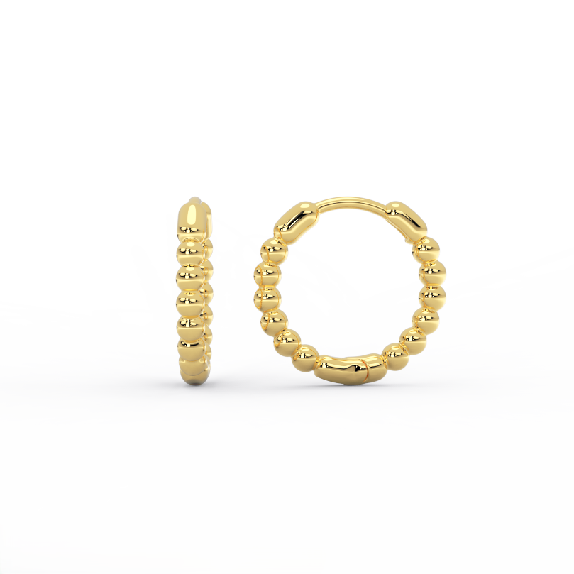 Orba Beaded Huggie Earrings in 14K gold side view showing hinged closure and beaded texture