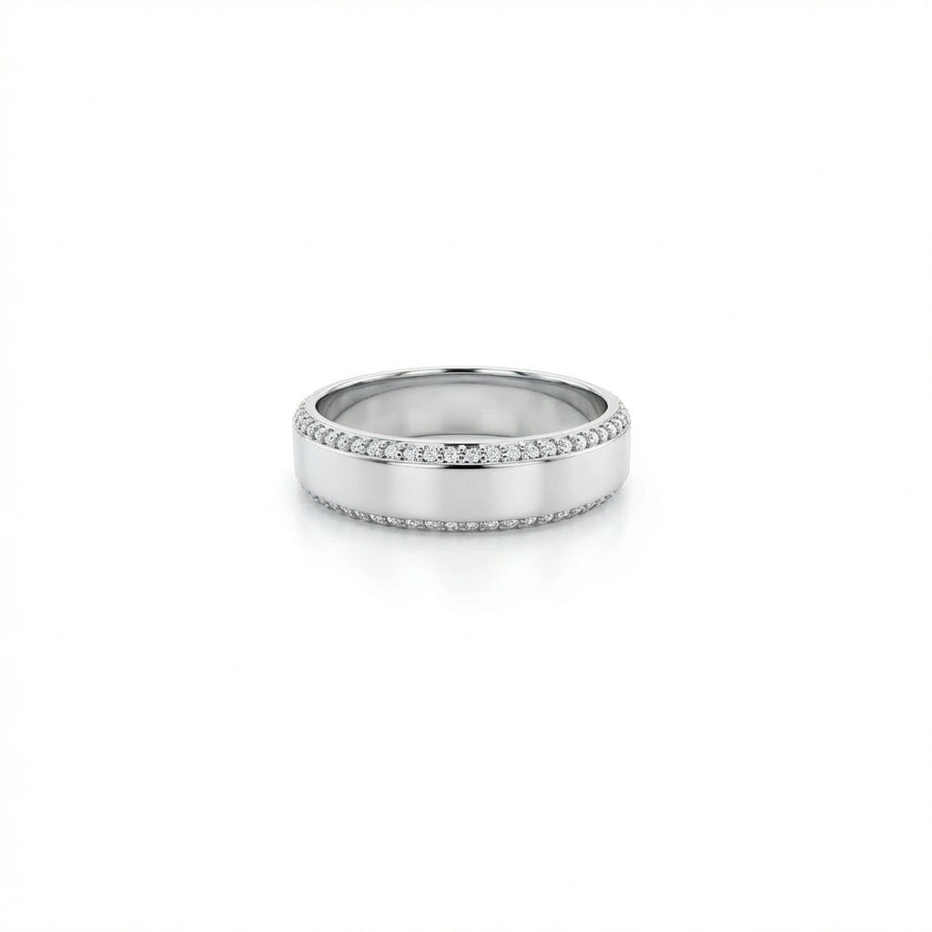 Men’s diamond wedding band in 14K white gold featuring two rows of pavé set round diamonds with polished finish
