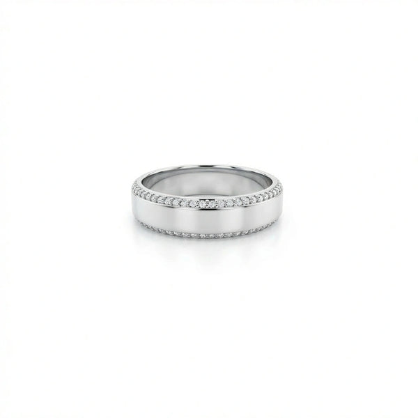 Men’s diamond wedding band in 14K white gold featuring two rows of pavé set round diamonds with polished finish
