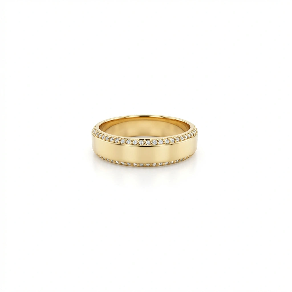 Men’s double row diamond band in solid 14K yellow gold with pavé set round diamonds and high polish center
