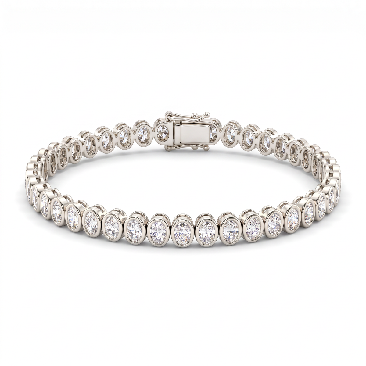 North-south oval bezel tennis bracelet in 14K white gold with oval Lab-Grown Diamonds and box clasp