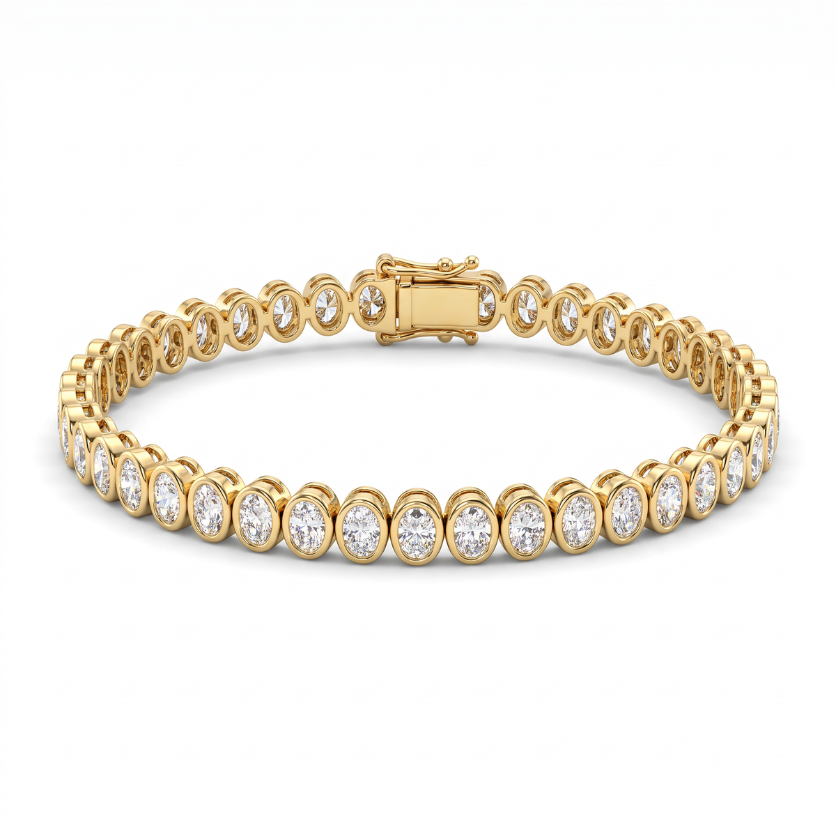 North-south oval bezel tennis bracelet in 14K yellow gold with oval Lab-Grown Diamonds and box clasp