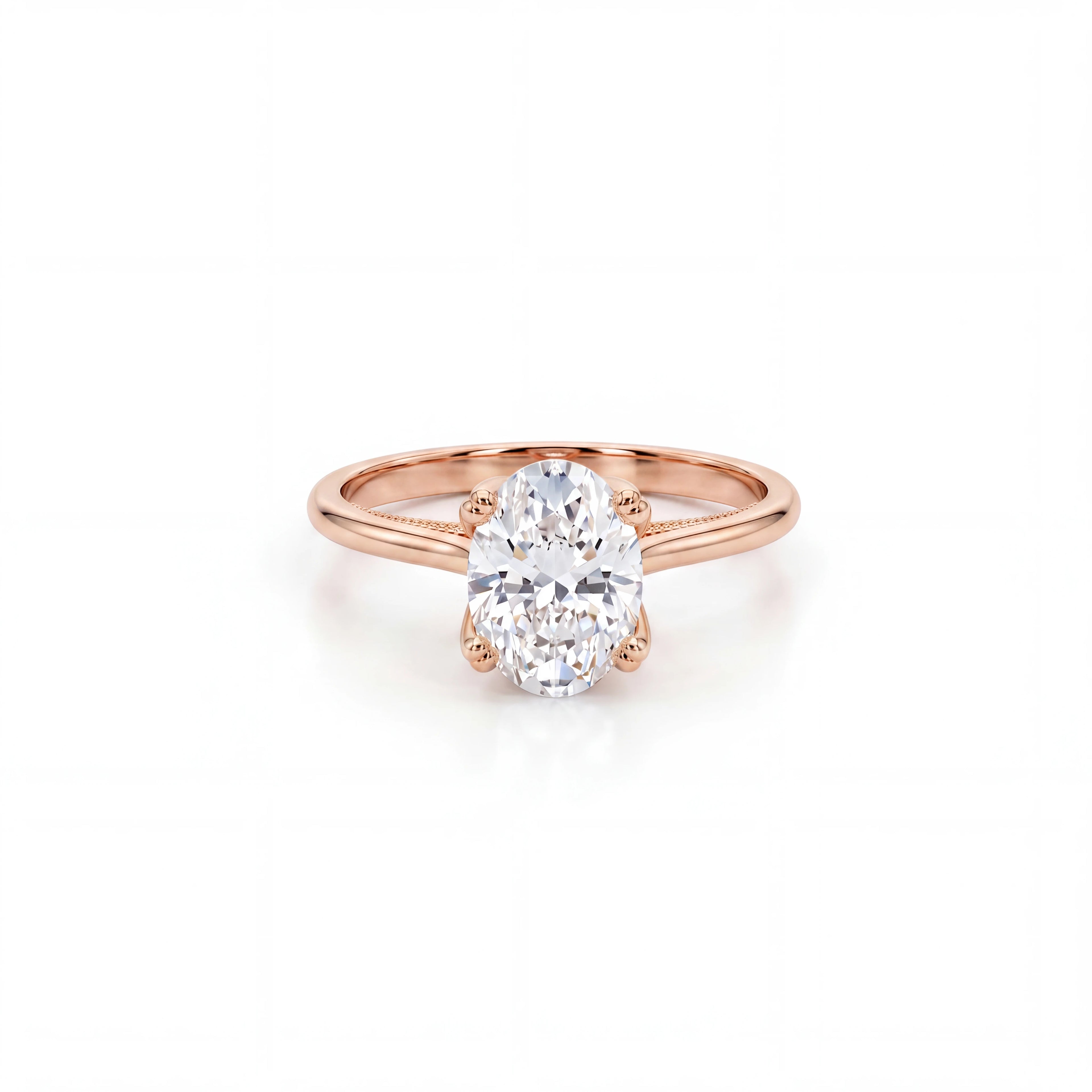 Oval cut lotus prong milgrain Lab-Grown Diamond engagement ring in 14K rose gold, front view — Black Pearl of Queens