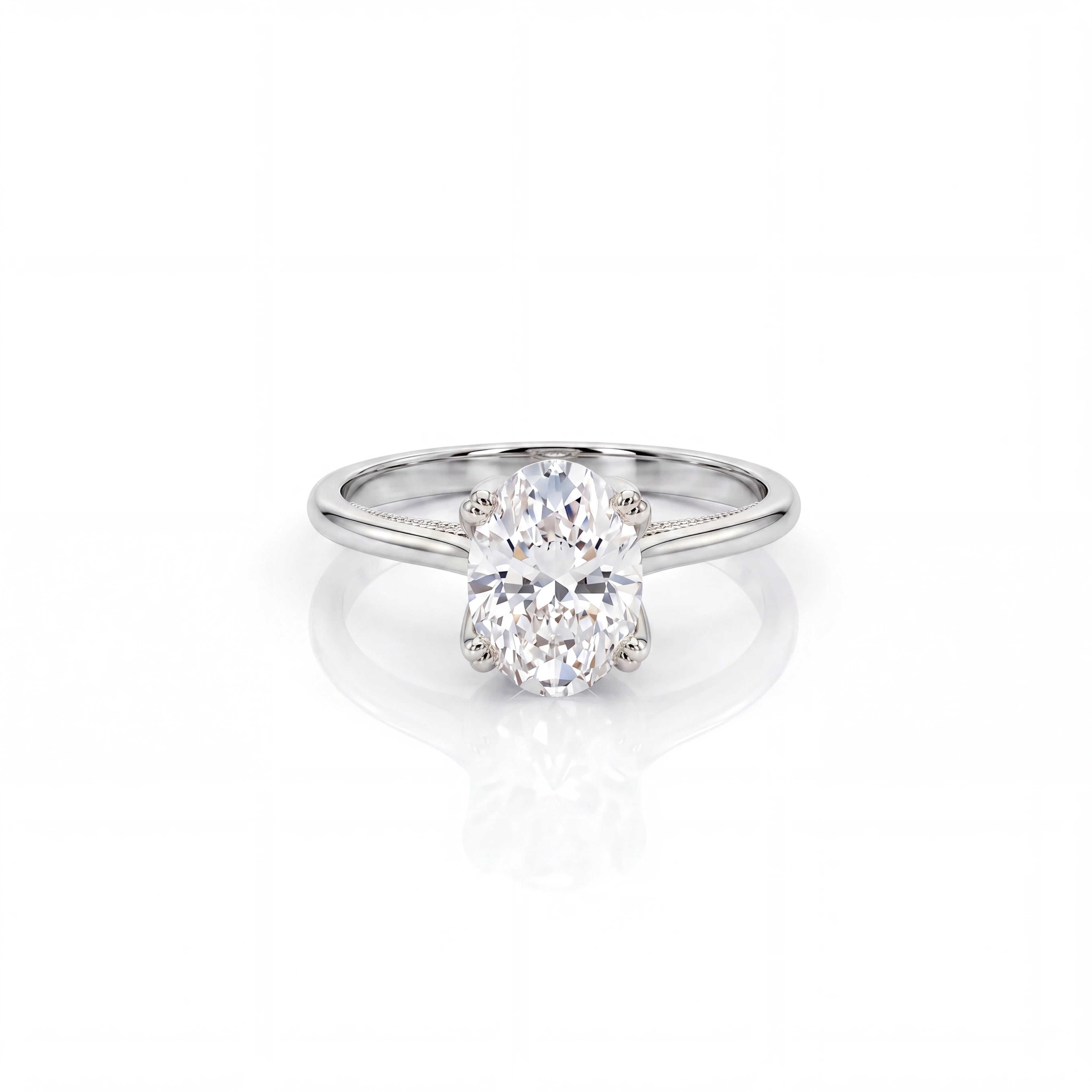 Oval cut lotus prong milgrain Lab-Grown Diamond engagement ring in 14K white gold, front view — Black Pearl of Queens