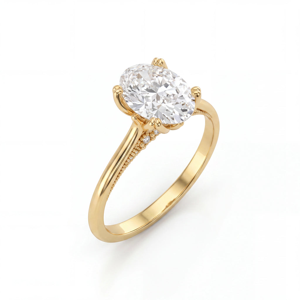 Oval cut lotus prong milgrain Lab-Grown Diamond engagement ring in 14K yellow gold, angled view showing lotus petal prong basket — Black Pearl of Queens