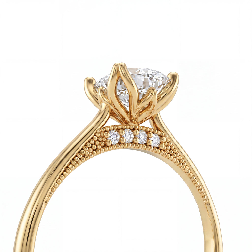 Oval cut lotus prong milgrain Lab-Grown Diamond engagement ring in 14K yellow gold, side profile close-up of lotus basket showing gallery diamonds and milgrain edging — Black Pearl of Queens