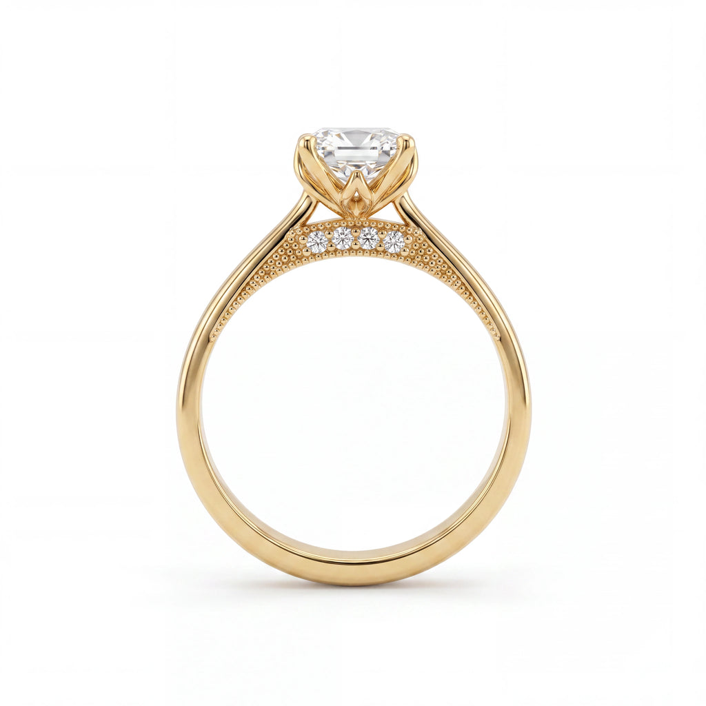 Oval cut lotus prong milgrain Lab-Grown Diamond engagement ring in 14K yellow gold, front close-up showing gallery diamond accents and milgrain detail — Black Pearl of Queens