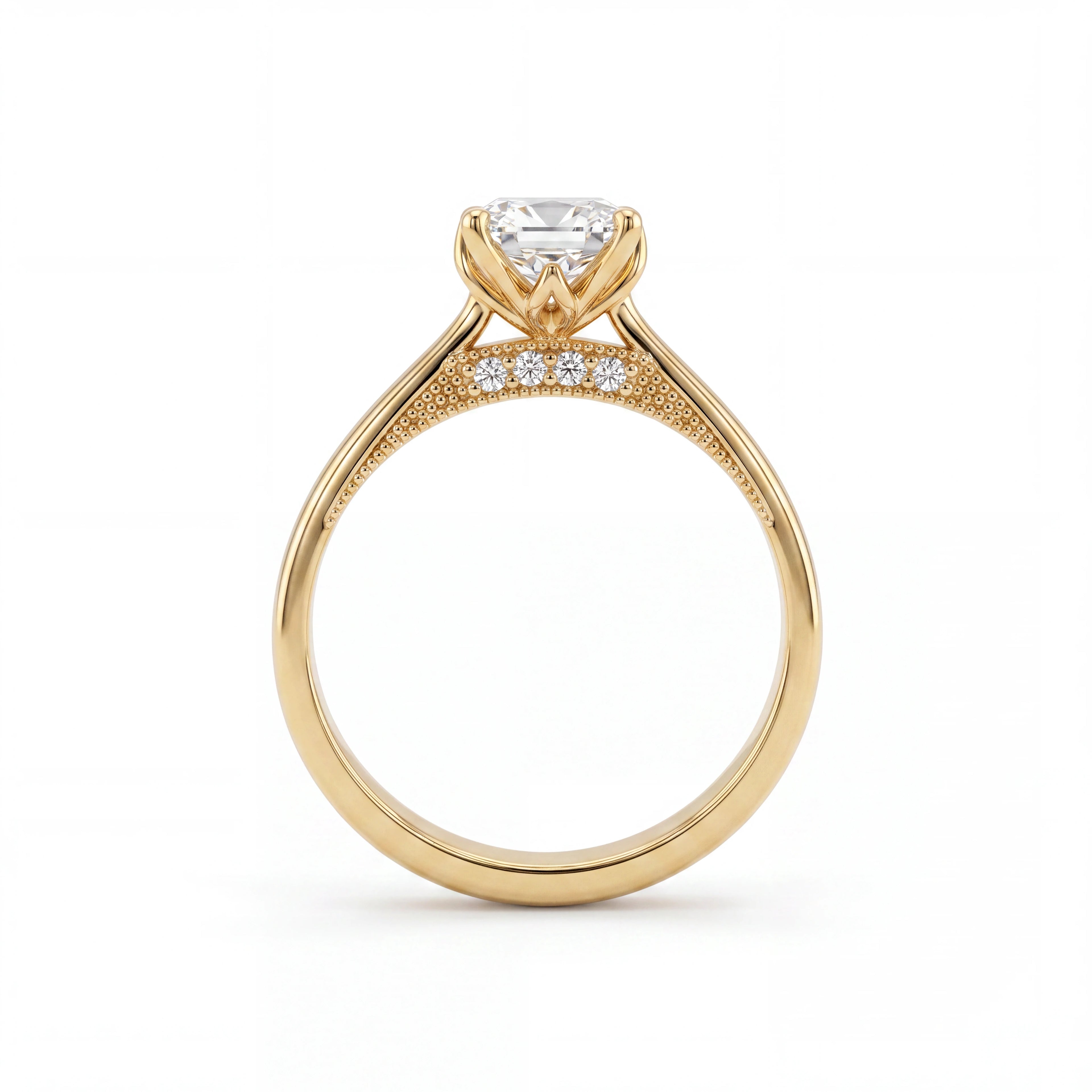 Oval cut lotus prong milgrain Lab-Grown Diamond engagement ring in 14K yellow gold, front close-up showing gallery diamond accents and milgrain detail — Black Pearl of Queens