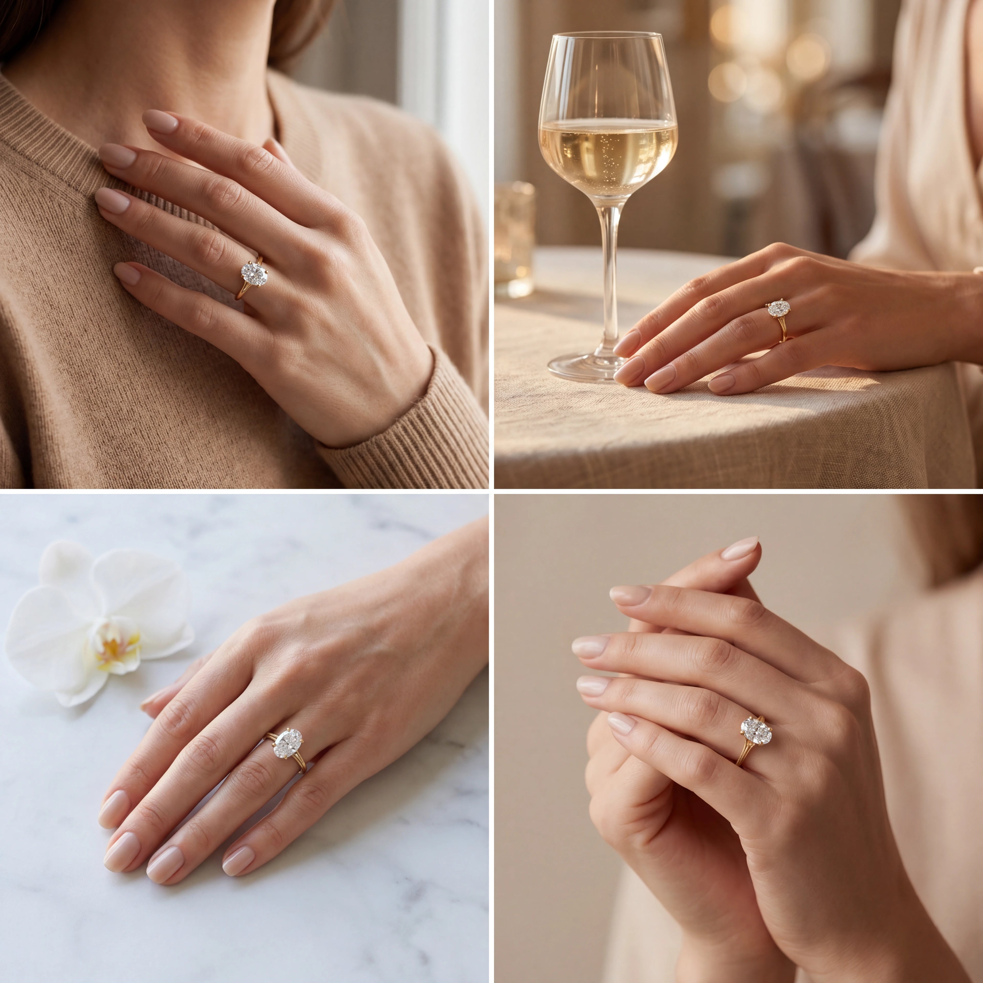 Oval cut lotus prong milgrain Lab-Grown Diamond engagement ring shown in four lifestyle settings — Black Pearl of Queens