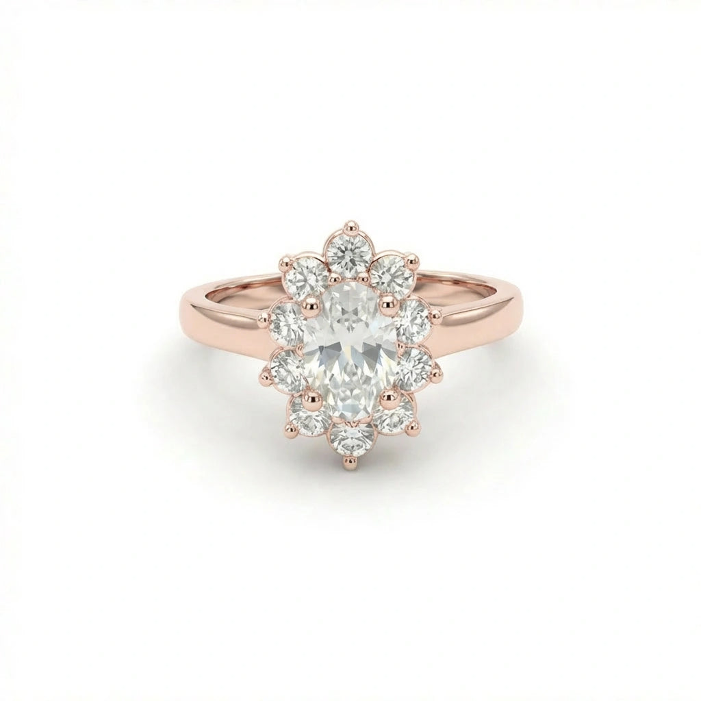 0.7ct oval diamond flower halo engagement ring in 14K rose gold - feminine vintage-inspired elegance