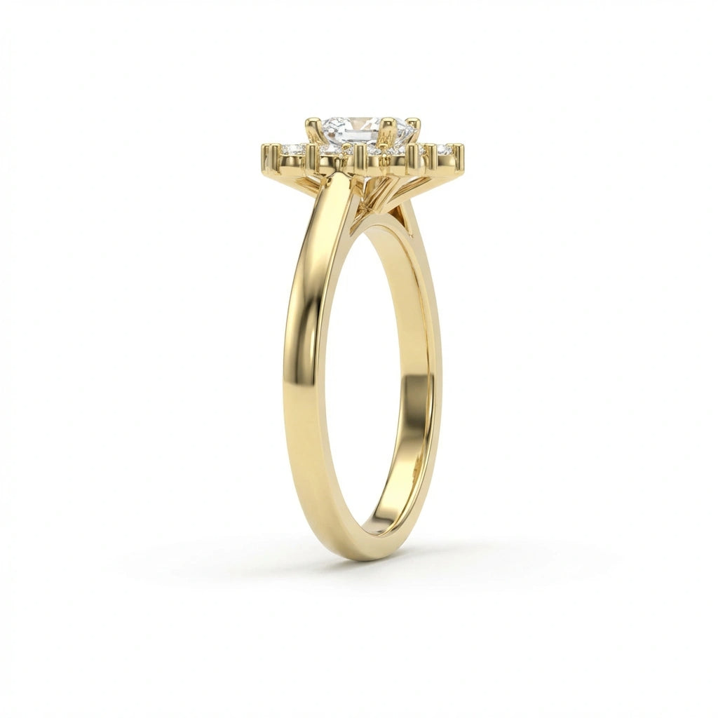 0.7ct oval diamond flower halo engagement ring in 14K yellow gold - angle view showing brilliant sparkle